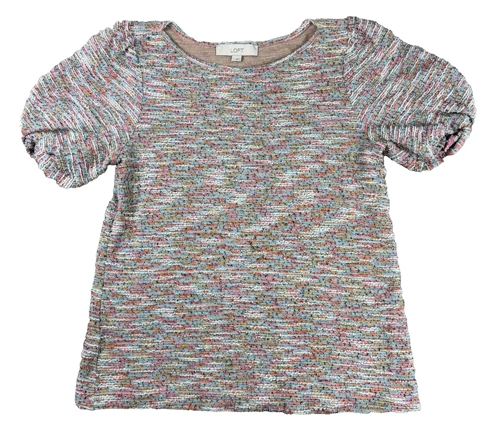 LOFT Womens S Multicolor Boucle Tweed Knit Puff Sleeve Top Short Sleeve
